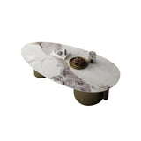Modern Glam Oval Stone Coffee Table with Gold Base Image - 5