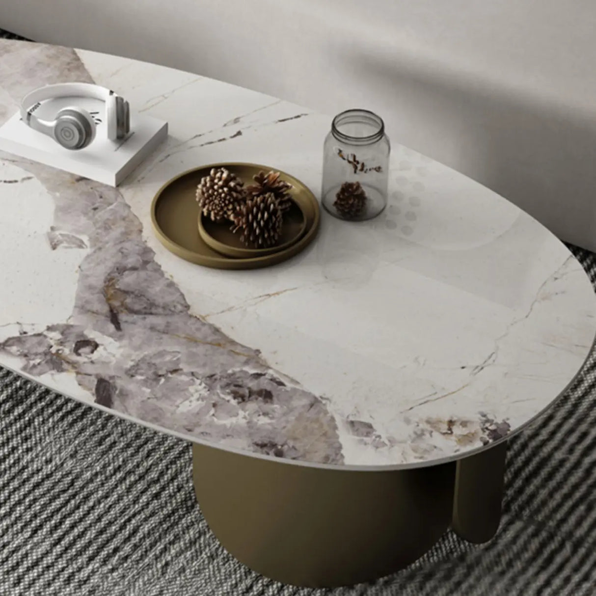 Modern Glam Oval Stone Coffee Table with Gold Base Image - 6