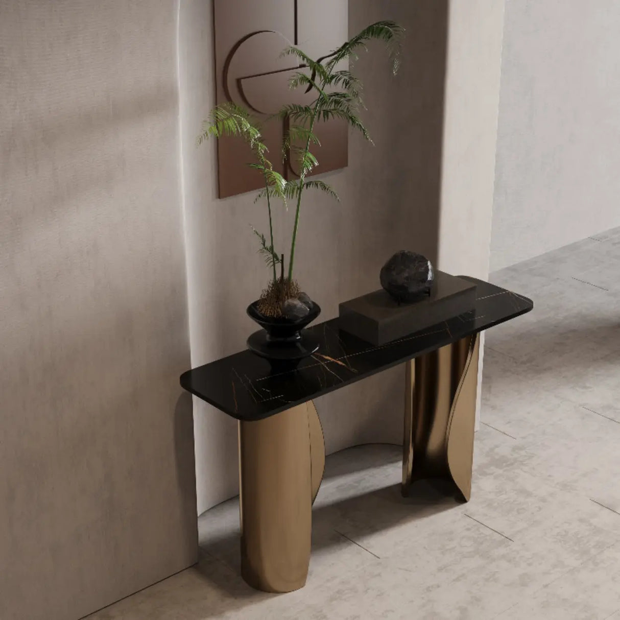 Modern Glam Rectangular Gold Pedestal Entryway Console Table Image - 1