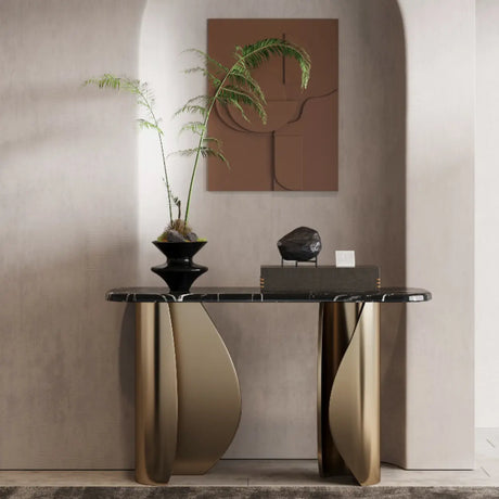 Modern Glam Rectangular Gold Pedestal Entryway Console Table Image - 2