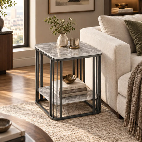 Modern Glam Stone Square Metal Side Table with Shelf Image - 1