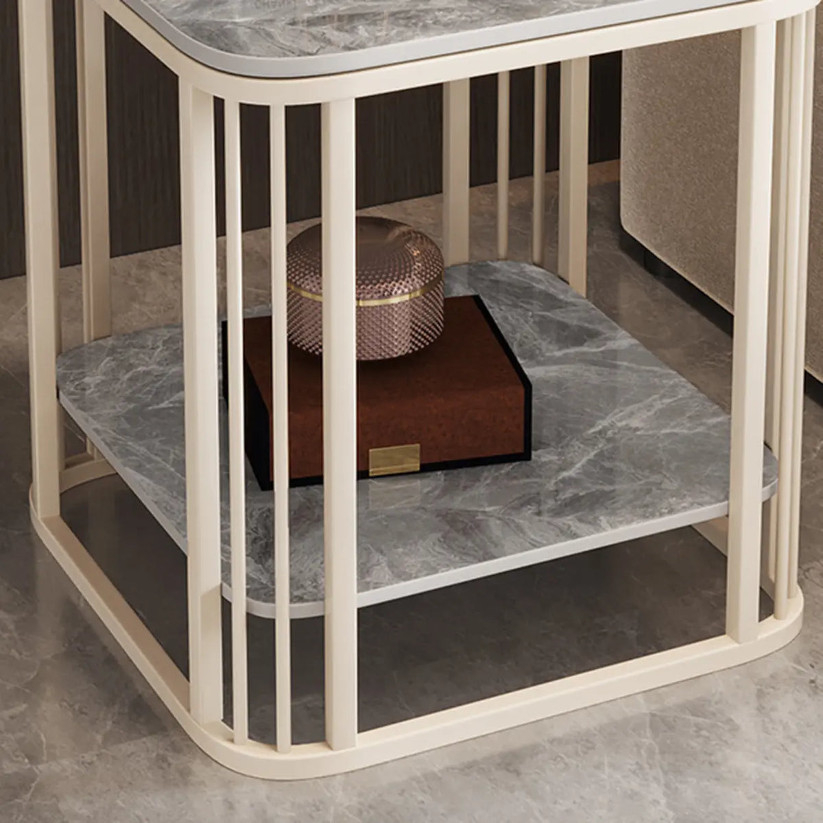 Modern Glam Stone Square Metal Side Table with Shelf Image - 10