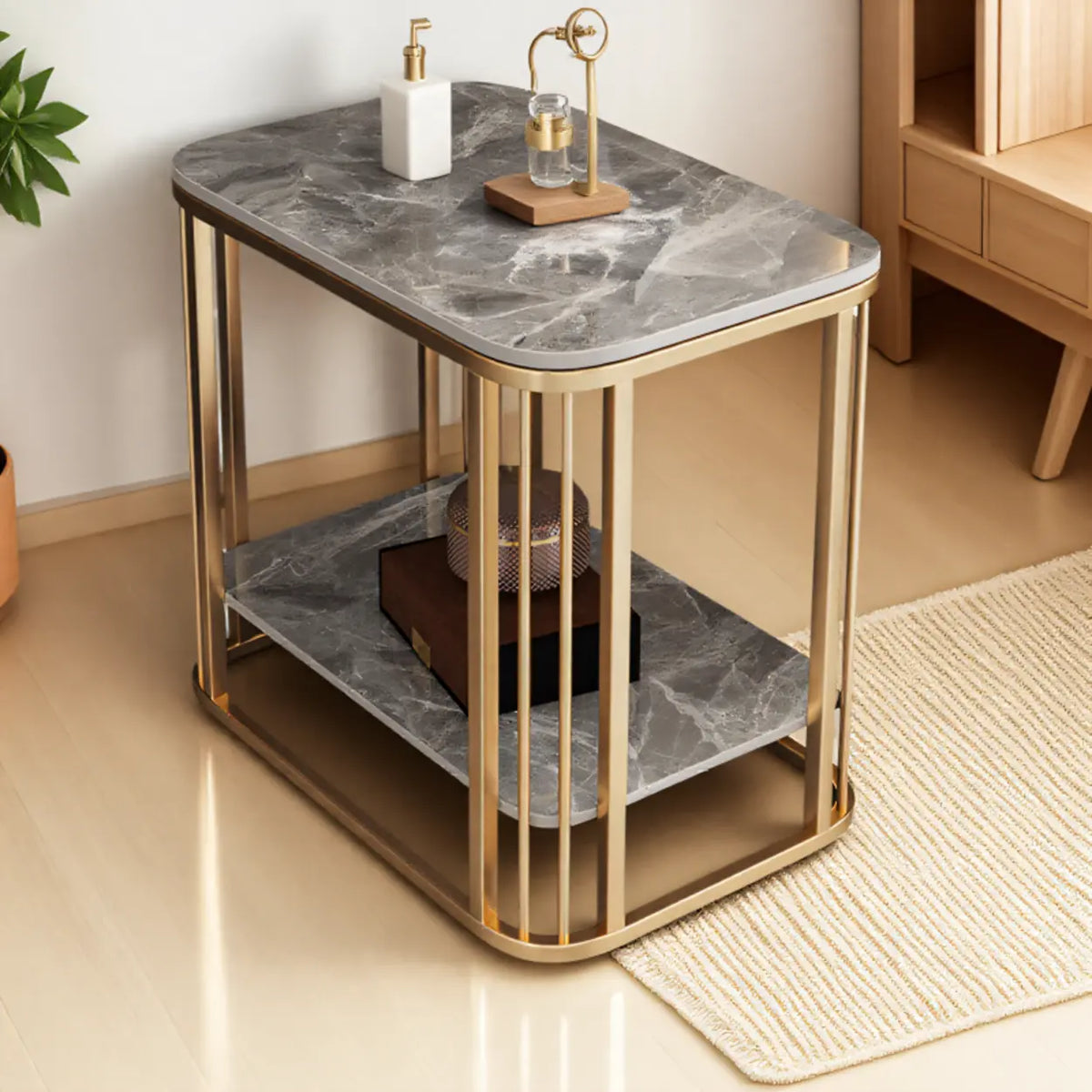 24"L x 16"W x 22"H Gold Gray Modern Glam Stone Square Metal Side Table with Shelf Image - 11
