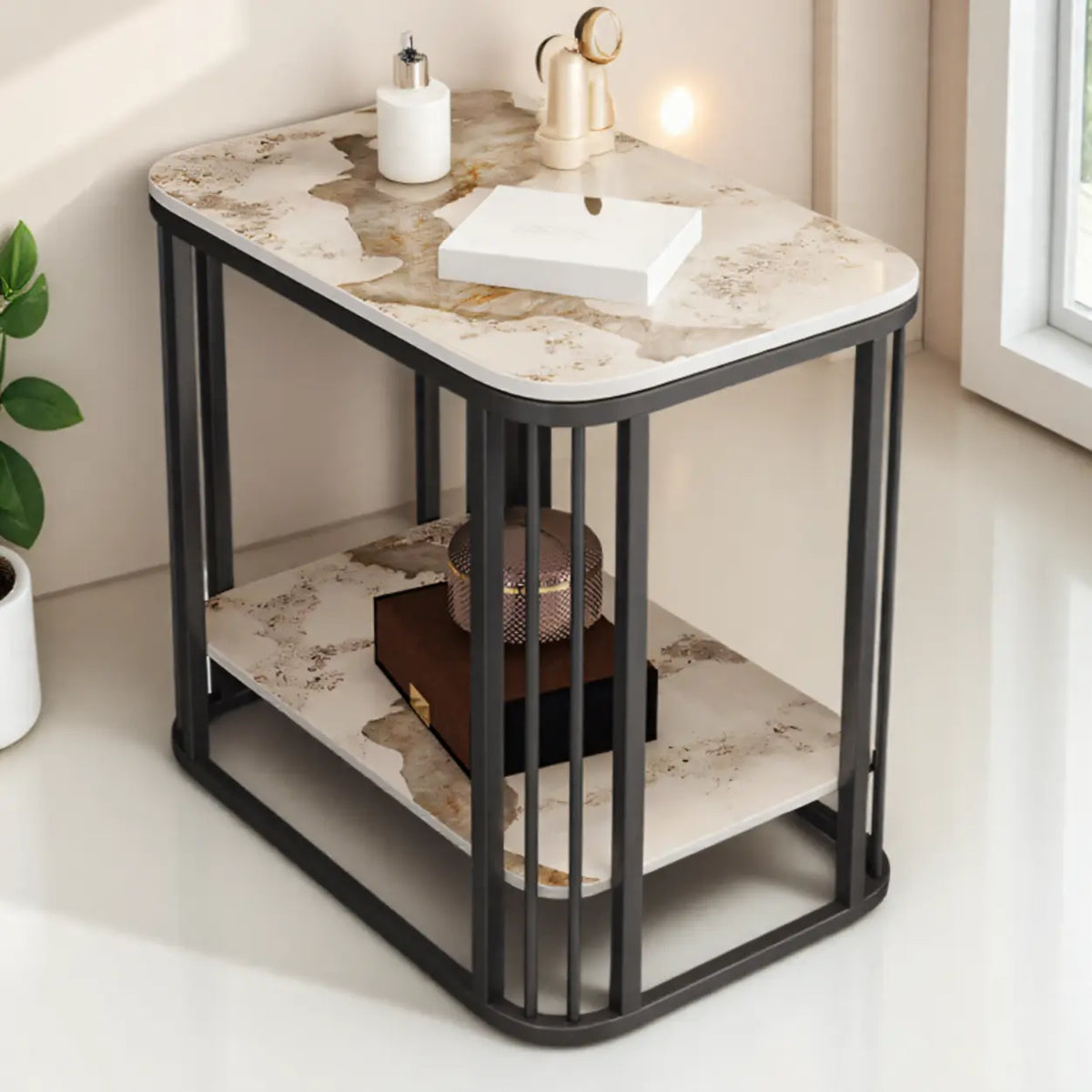 24"L x 16"W x 22"H Black Pandora Modern Glam Stone Square Metal Side Table with Shelf Image - 15