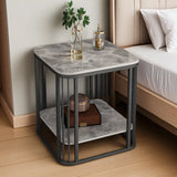16"L x 16"W x 22"H Black Gray Modern Glam Stone Square Metal Side Table with Shelf Image - 16