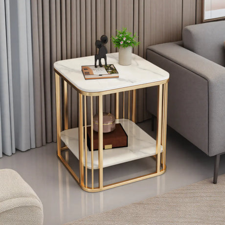16"L x 16"W x 22"H Gold White Modern Glam Stone Square Metal Side Table with Shelf Image - 2