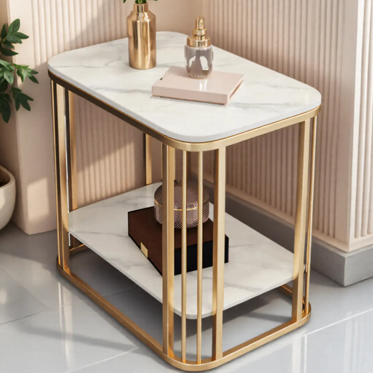 24"L x 16"W x 22"H Gold White Modern Glam Stone Square Metal Side Table with Shelf Image - 3