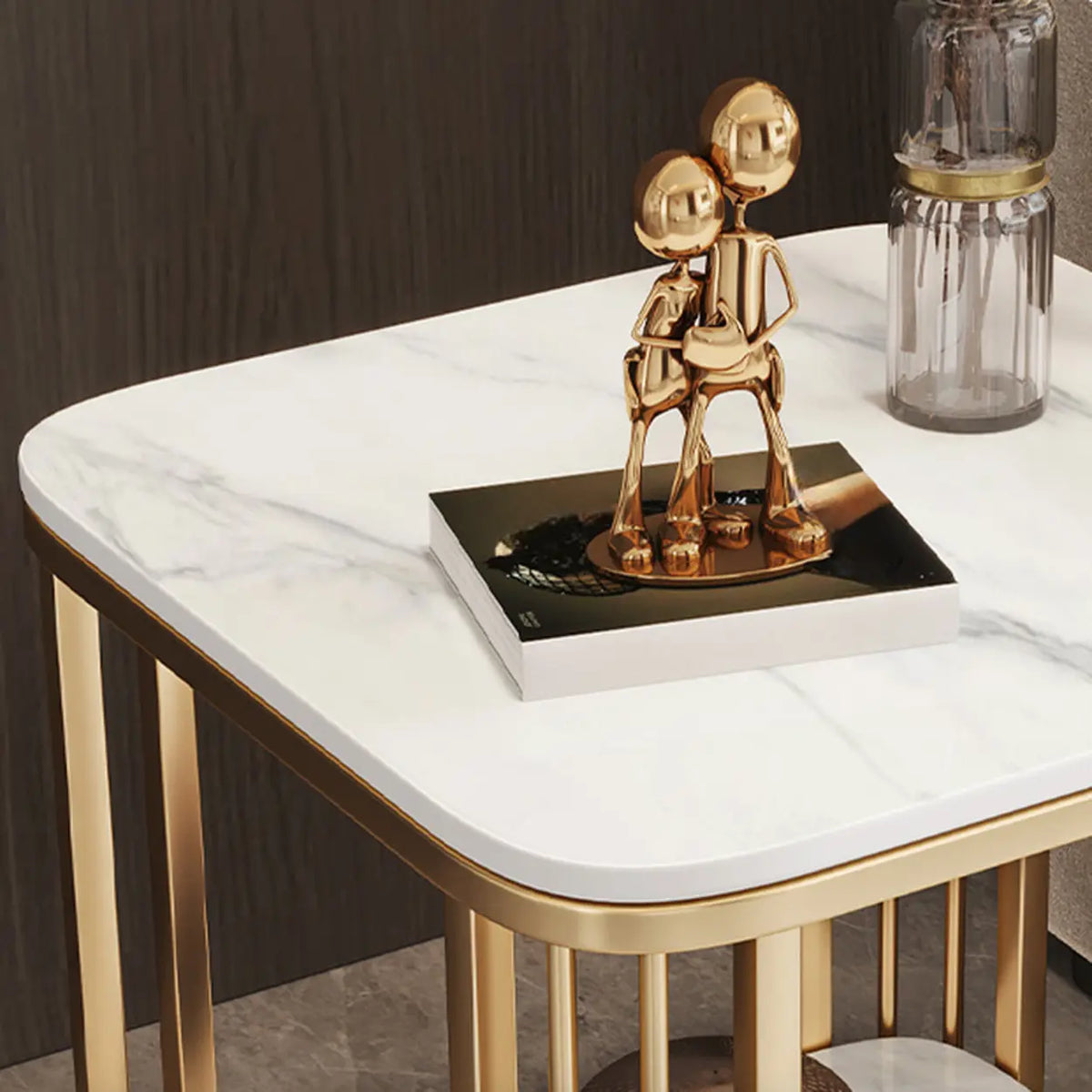 Modern Glam Stone Square Metal Side Table with Shelf Image - 8