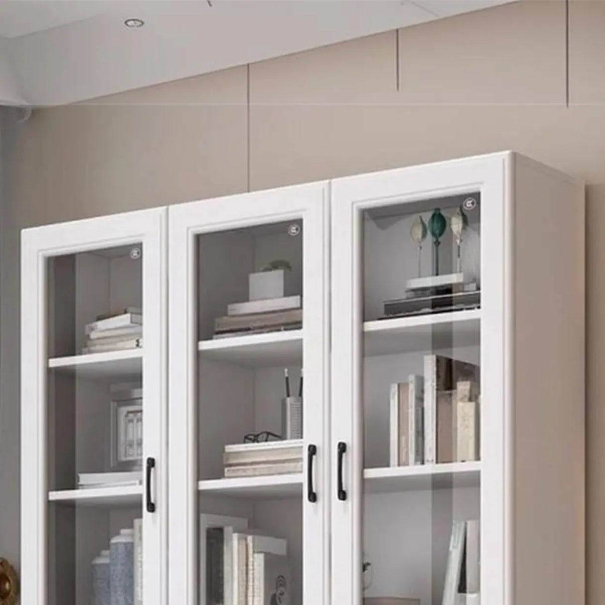 Modern Glass Doors White Vertical Wood Storage Bookcase Image - 11