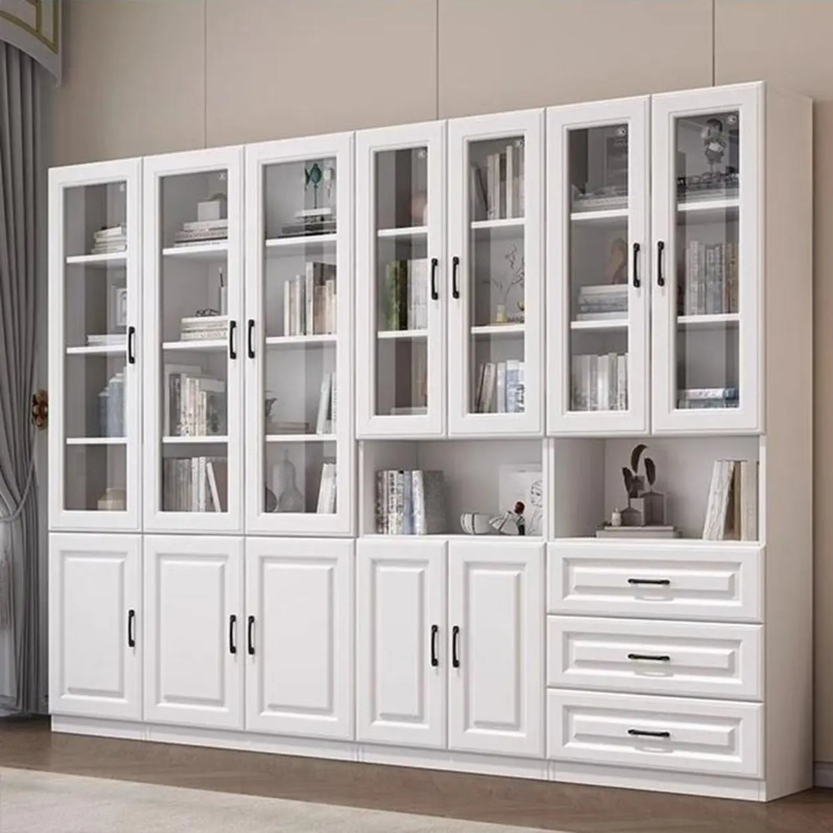 Modern Glass Doors White Vertical Wood Storage Bookcase Image - 1