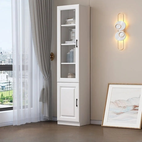 Modern Glass Doors White Vertical Wood Storage Bookcase Image - 2
