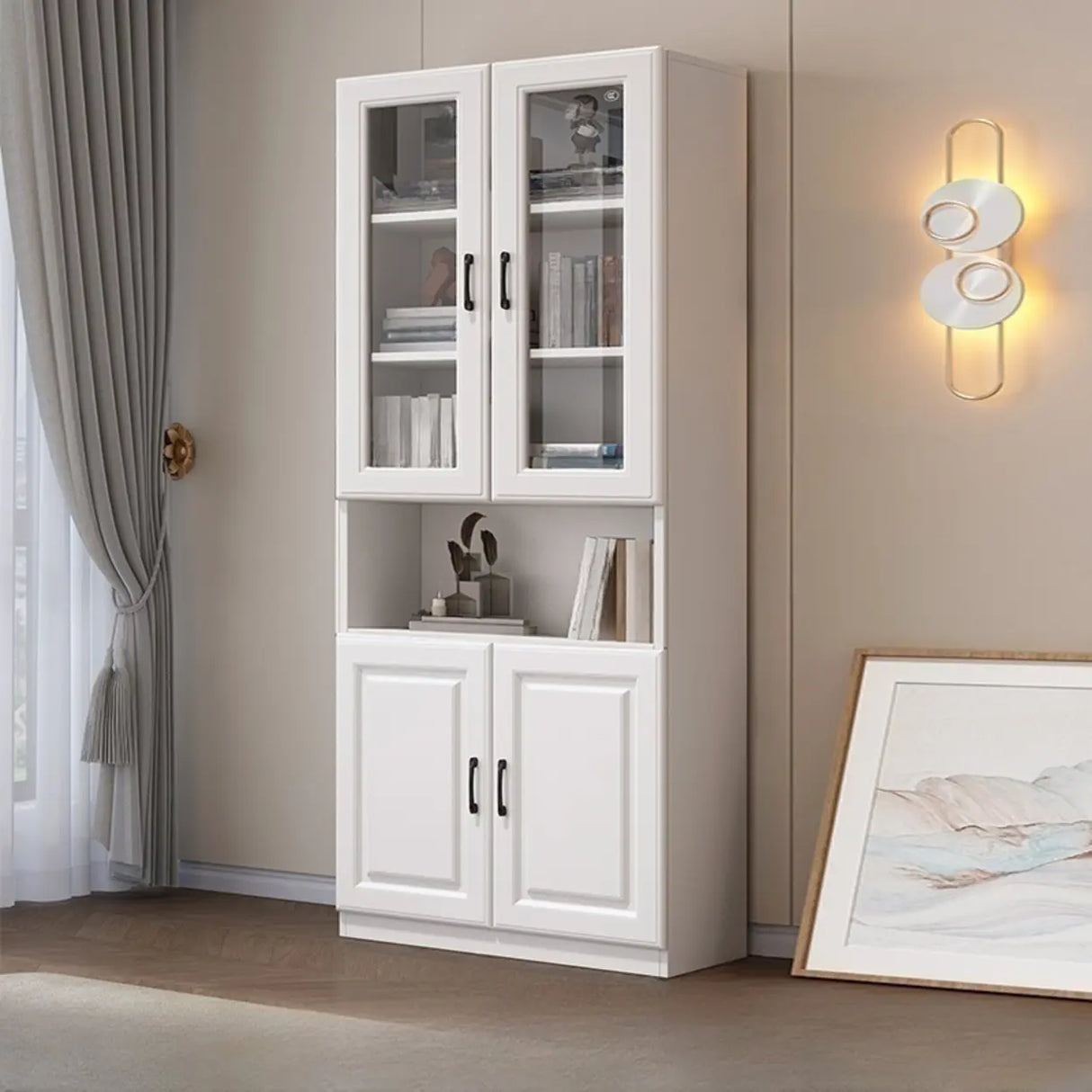 Modern Glass Doors White Vertical Wood Storage Bookcase Image - 3