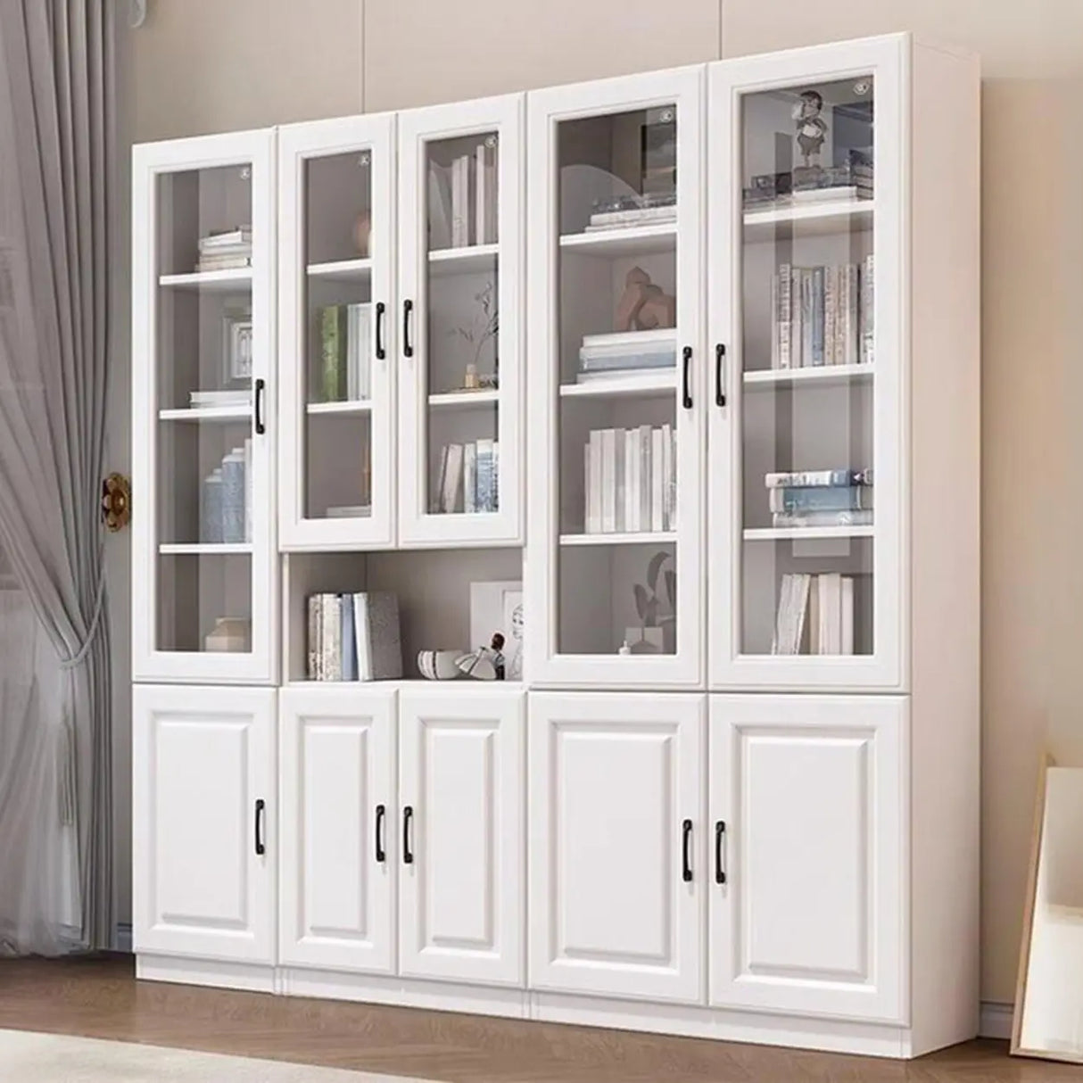 Modern Glass Doors White Vertical Wood Storage Bookcase Image - 4