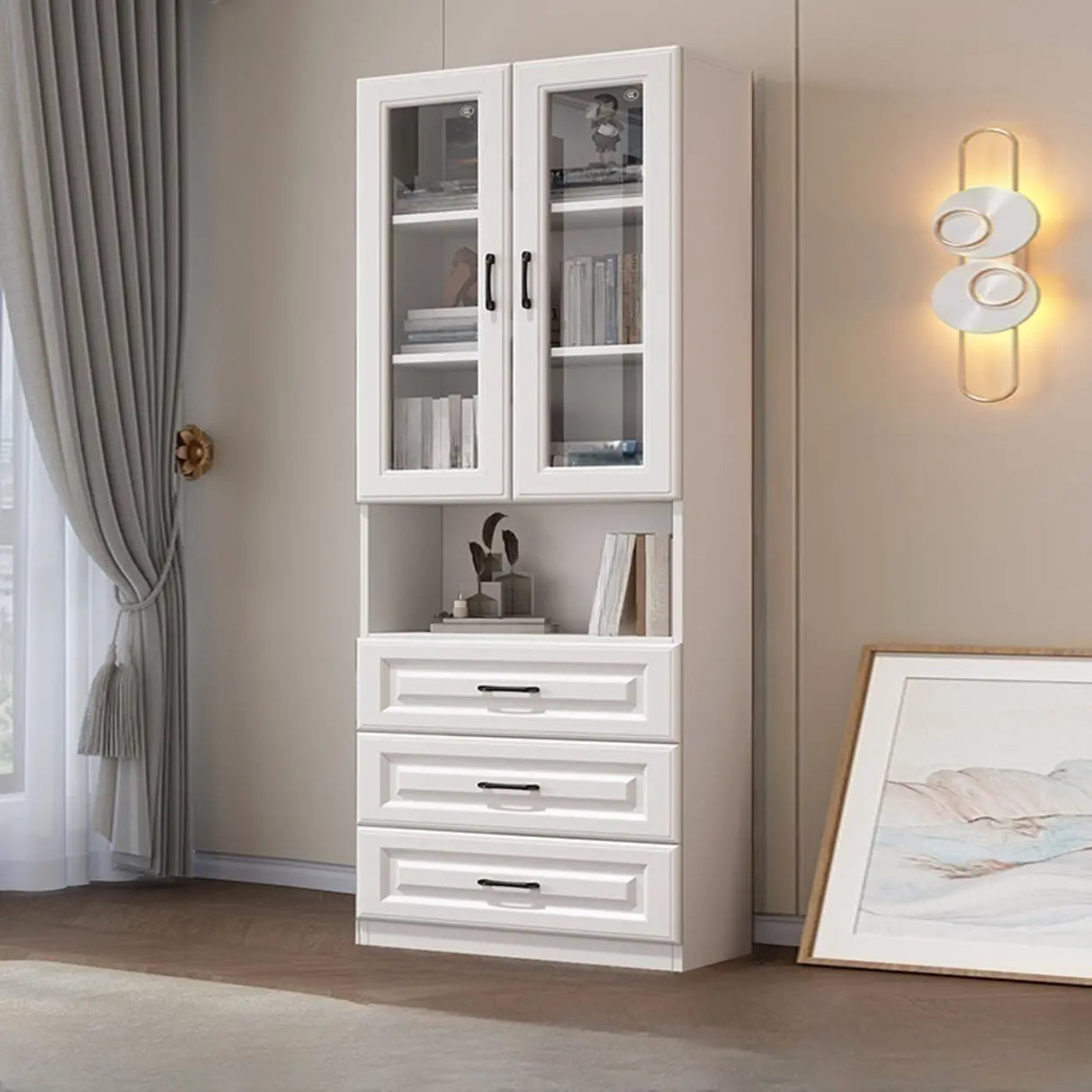 Modern Glass Doors White Vertical Wood Storage Bookcase Image - 5