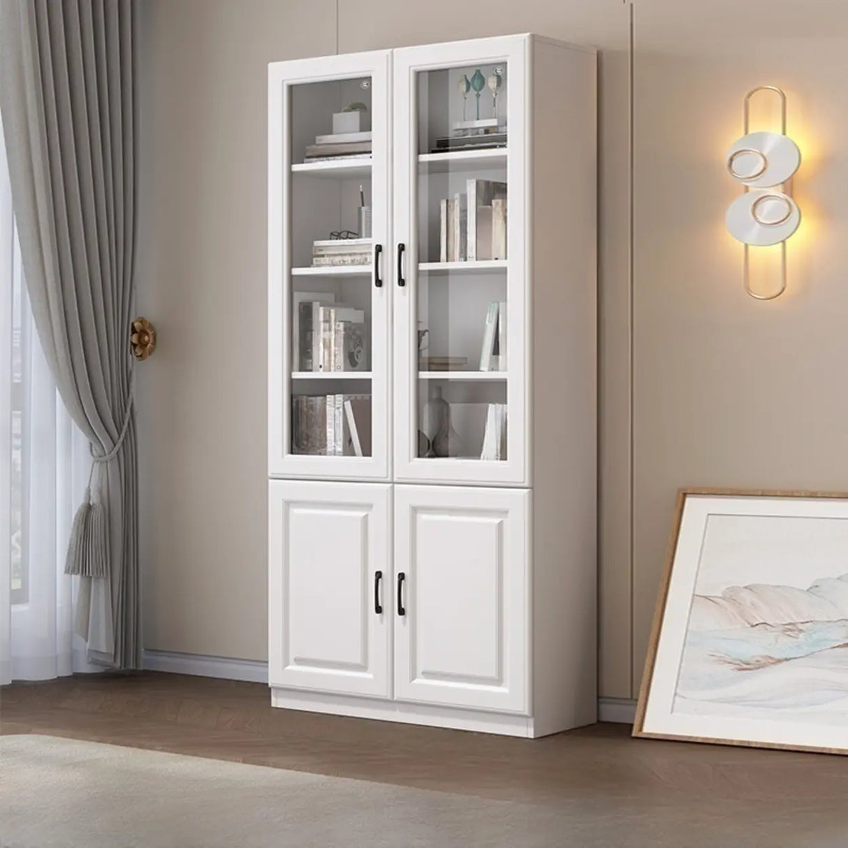 Modern Glass Doors White Vertical Wood Storage Bookcase Image - 7