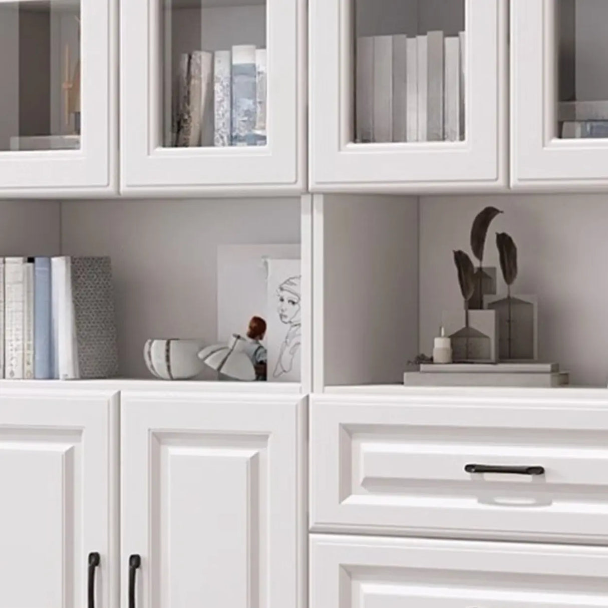 Modern Glass Doors White Vertical Wood Storage Bookcase Image - 9