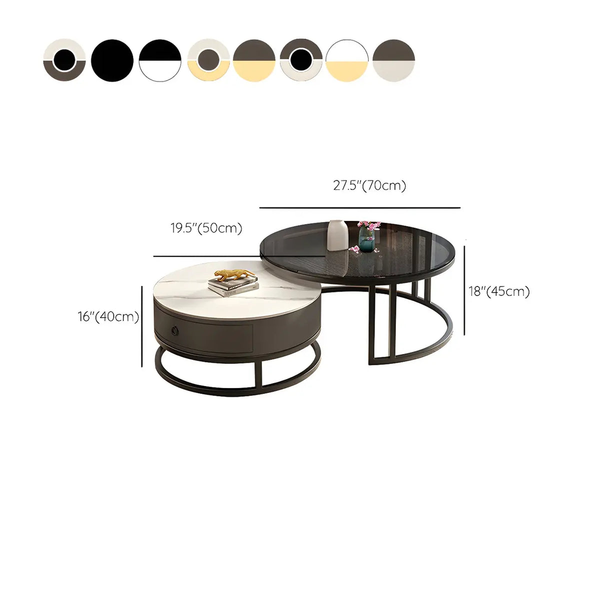 Modern Glass Round Steel Frame Nesting Coffee Tables 