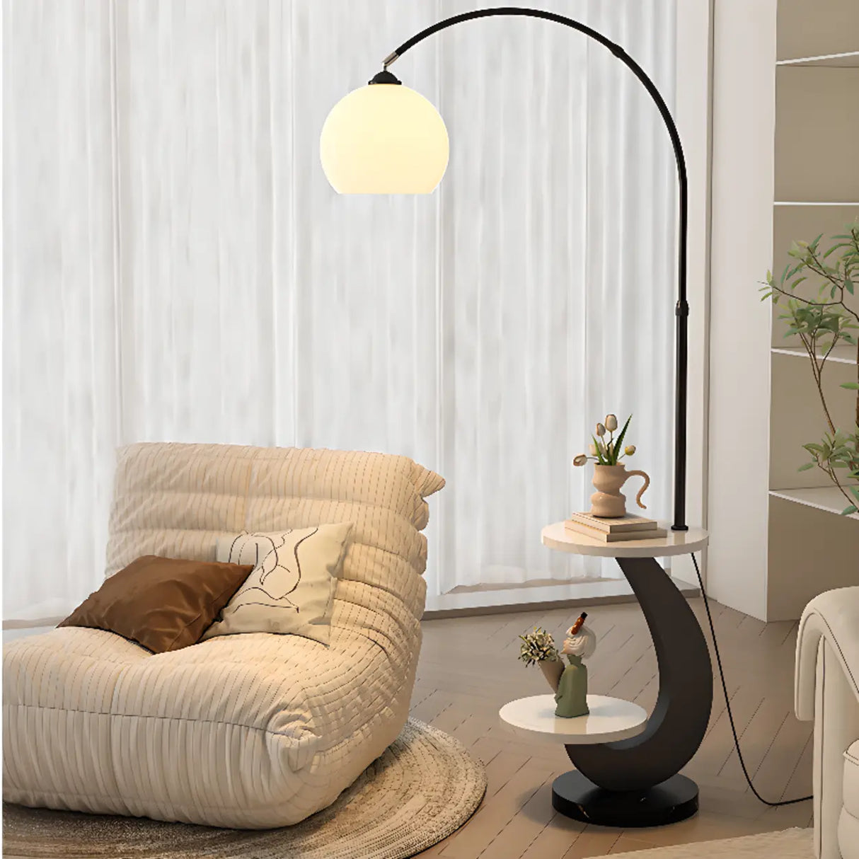 Modern Globe Glass Arc Floor Lamp with Side Table & USB Port Image - 1