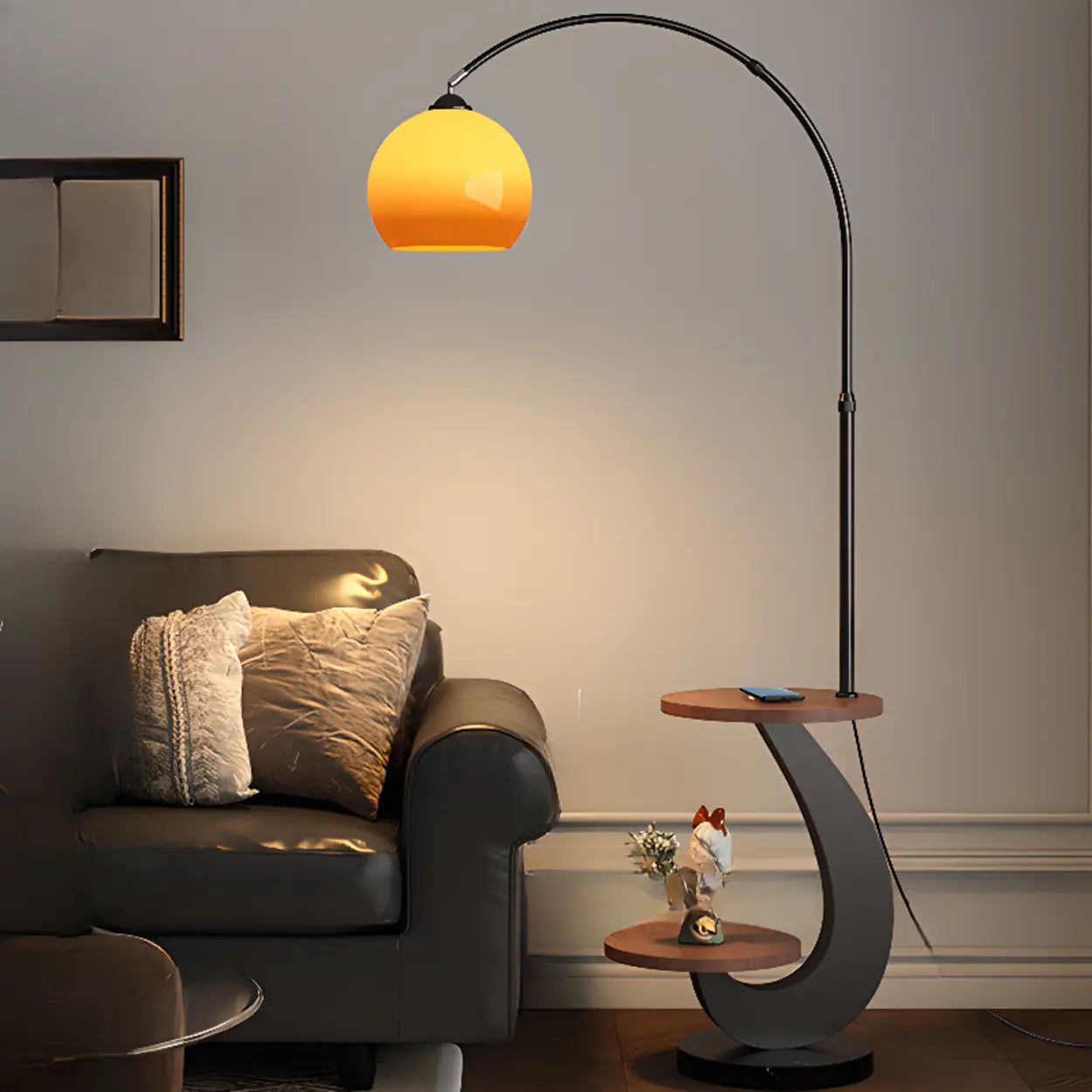 Modern Globe Glass Arc Floor Lamp with Side Table & USB Port Image - 11