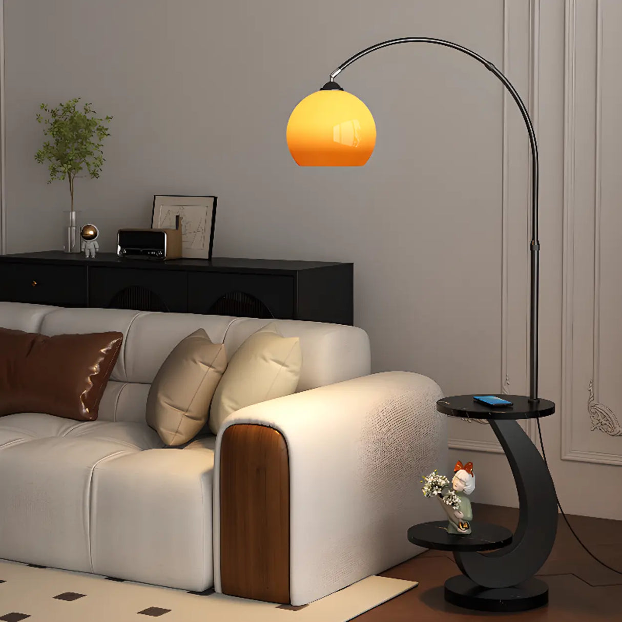 Modern Globe Glass Arc Floor Lamp with Side Table & USB Port Image - 3