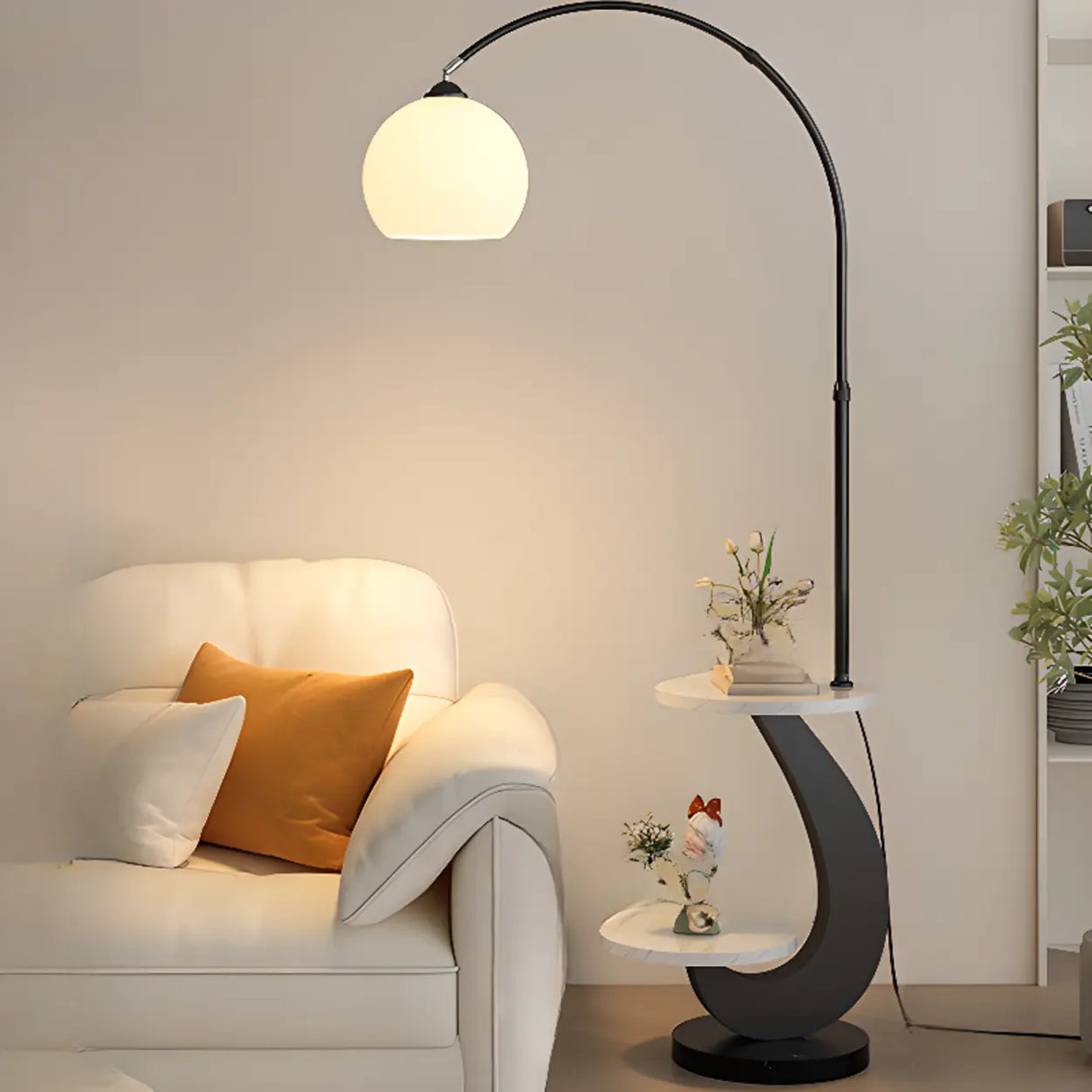 Modern Globe Glass Arc Floor Lamp with Side Table & USB Port Image - 5