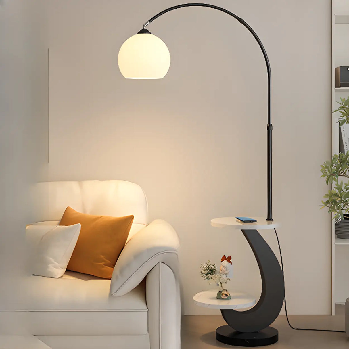 Modern Globe Glass Arc Floor Lamp with Side Table & USB Port Image - 7