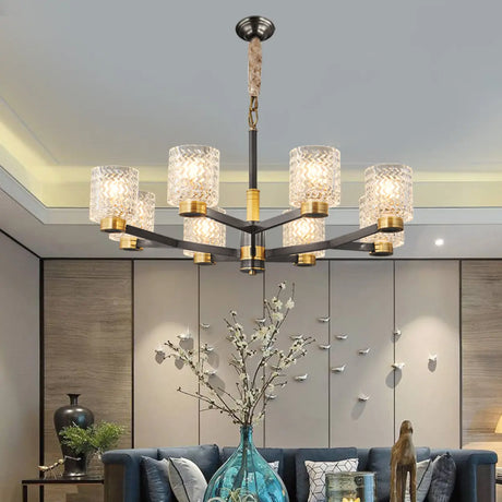 Modern Gold and Black Chandelier with Glass Shades, 8-Light Image - 1