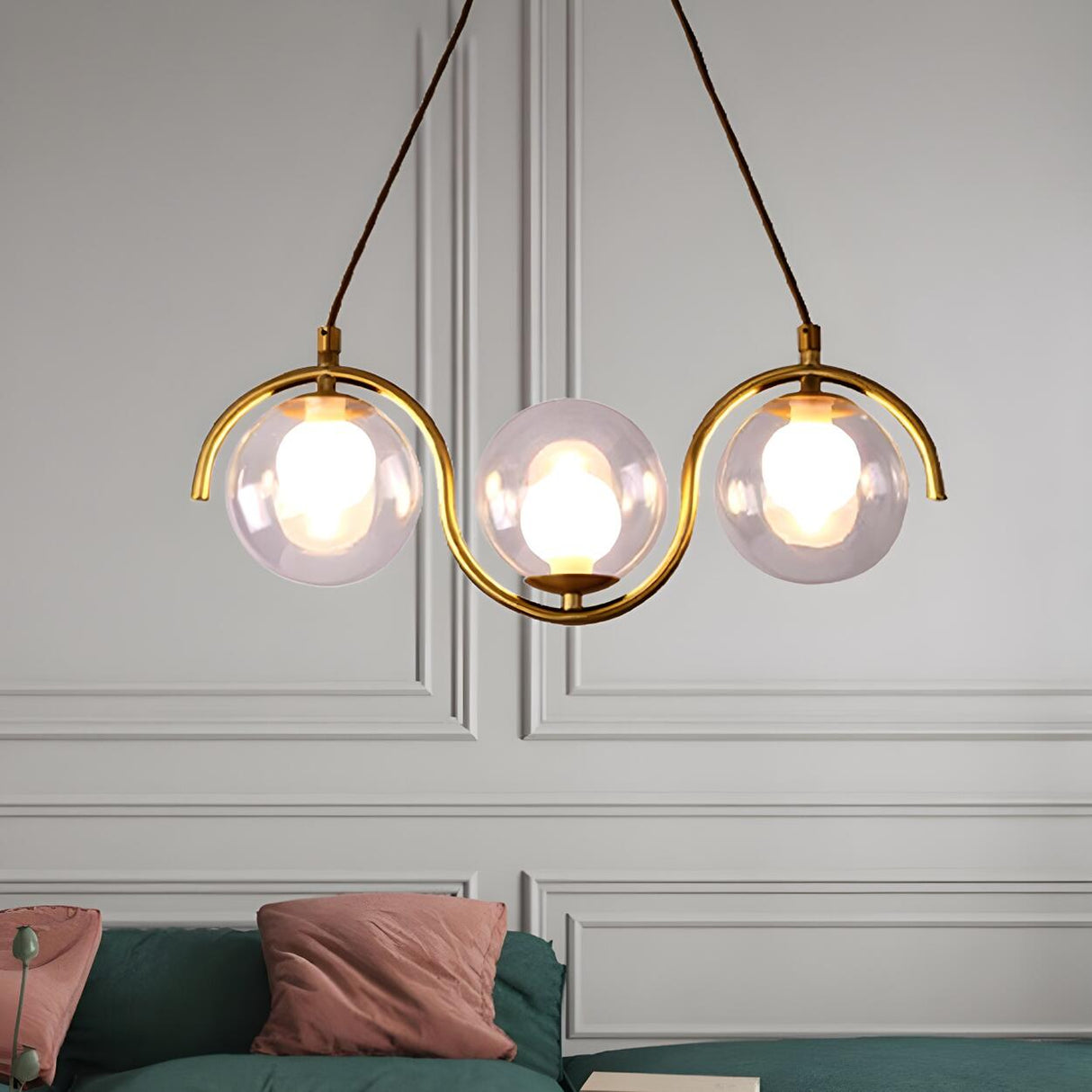 Modern Gold Clear Glass Ball Wave Linear Chandelier Image - 6