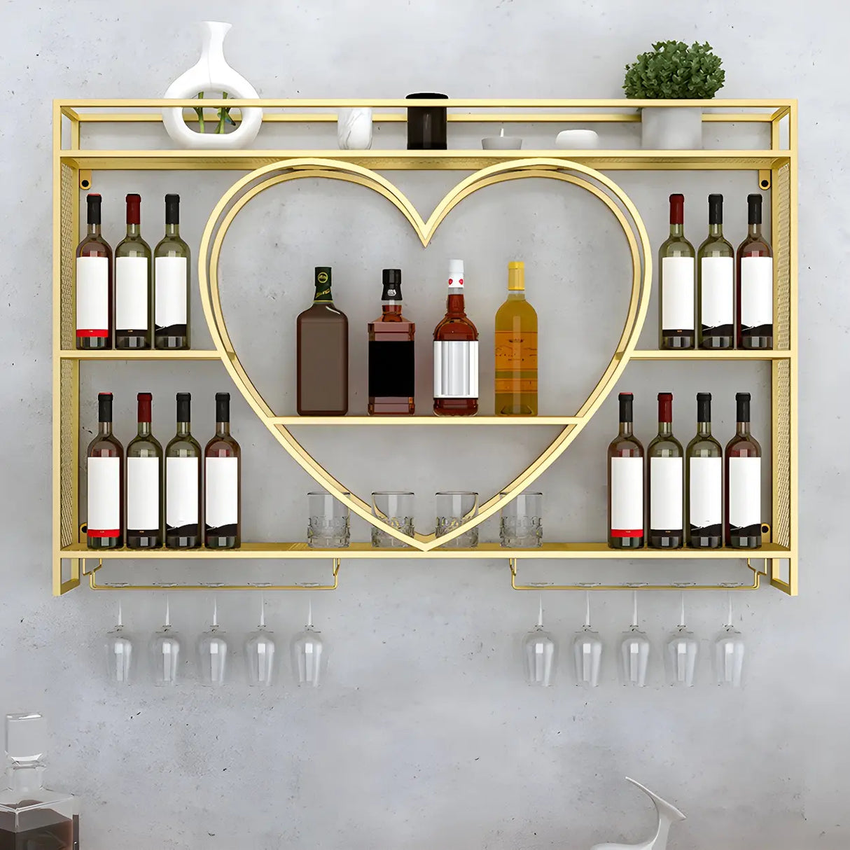 Modern Gold Heart Floating Wall Mounted Wine Rack Image - 2
