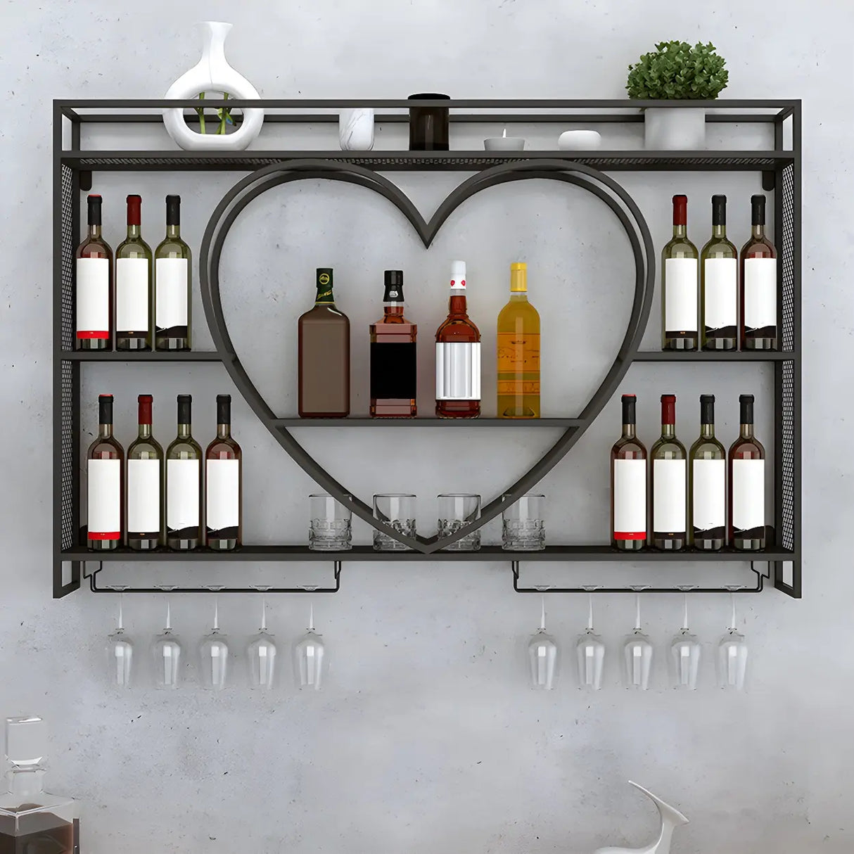 Modern Gold Heart Floating Wall Mounted Wine Rack Image - 3