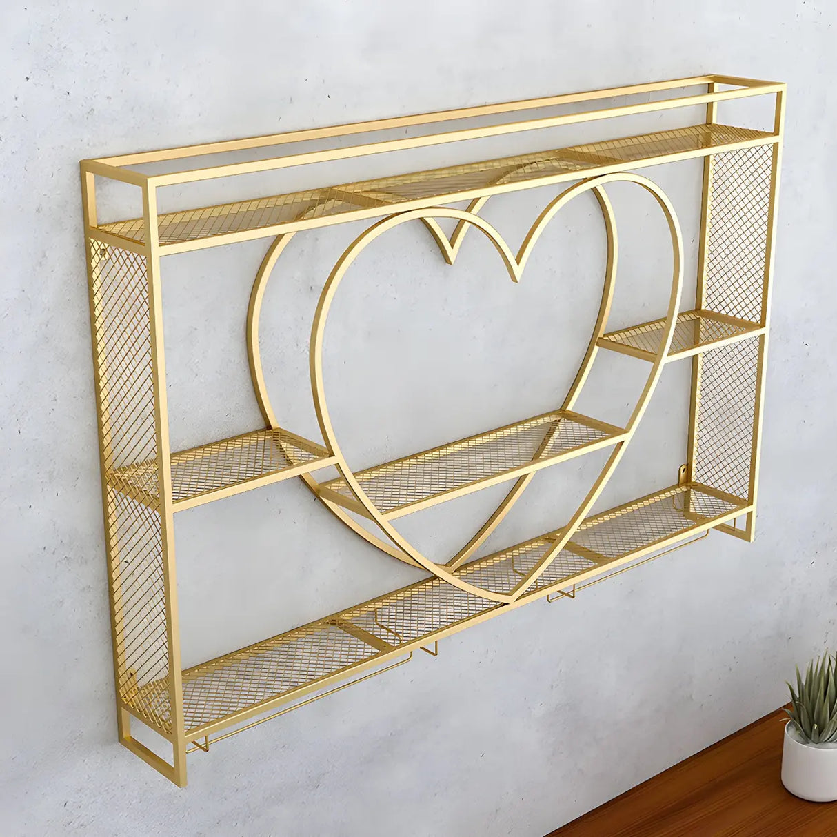 Modern Gold Heart Floating Wall Mounted Wine Rack Image - 7