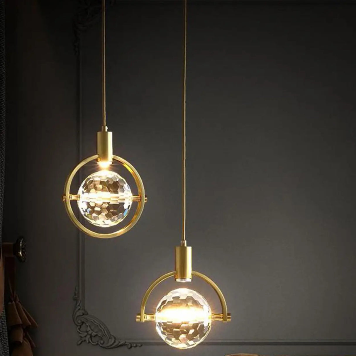 Modern Gold Ring Crystal Globe Bedroom Pendant Light Image - 4