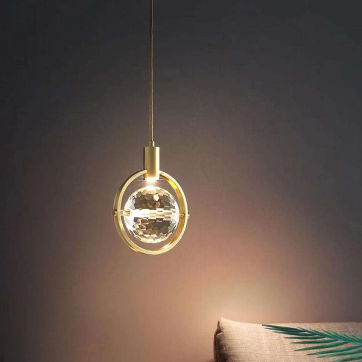 Modern Gold Ring Crystal Globe Bedroom Pendant Light Image - 5