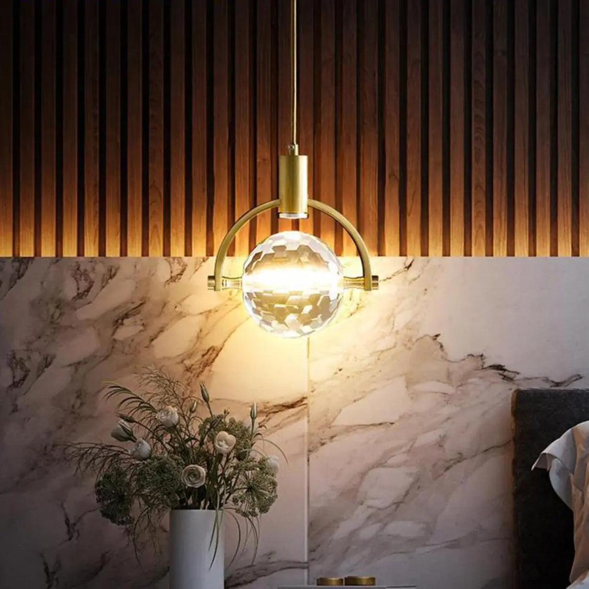 Modern Gold Ring Crystal Globe Bedroom Pendant Light Image - 6