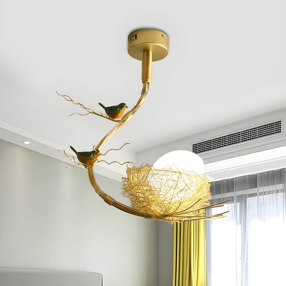 Modern Golden Branch Bird Nest White Glass Egg Pendant Light Image - 1
