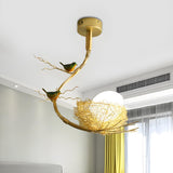 Modern Golden Branch Bird Nest White Glass Egg Pendant Light Image - 1