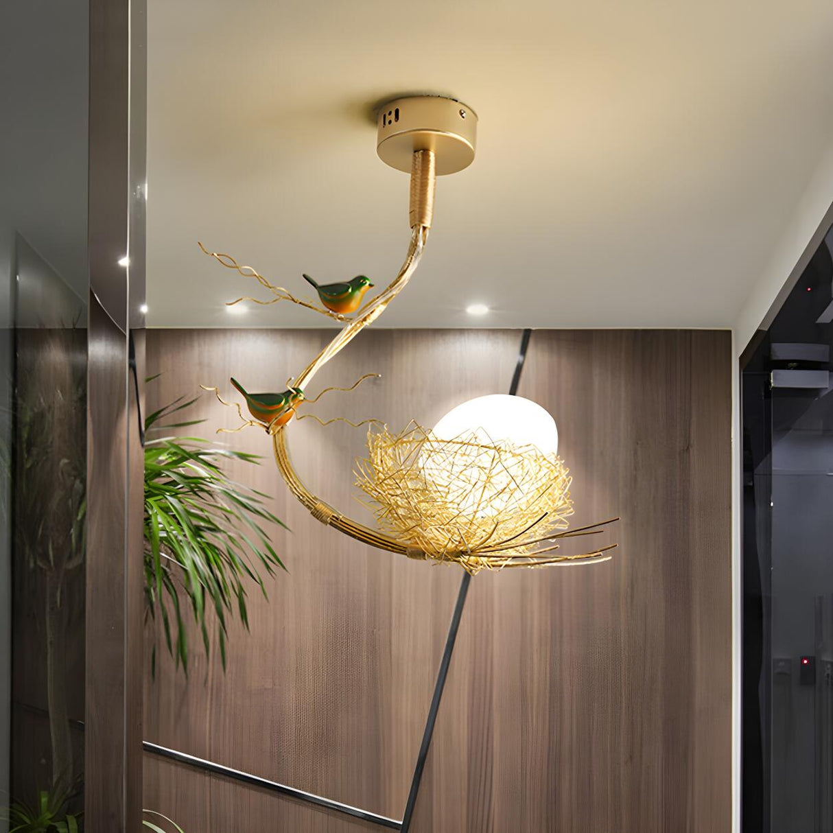 Modern Golden Branch Bird Nest White Glass Egg Pendant Light Image - 2