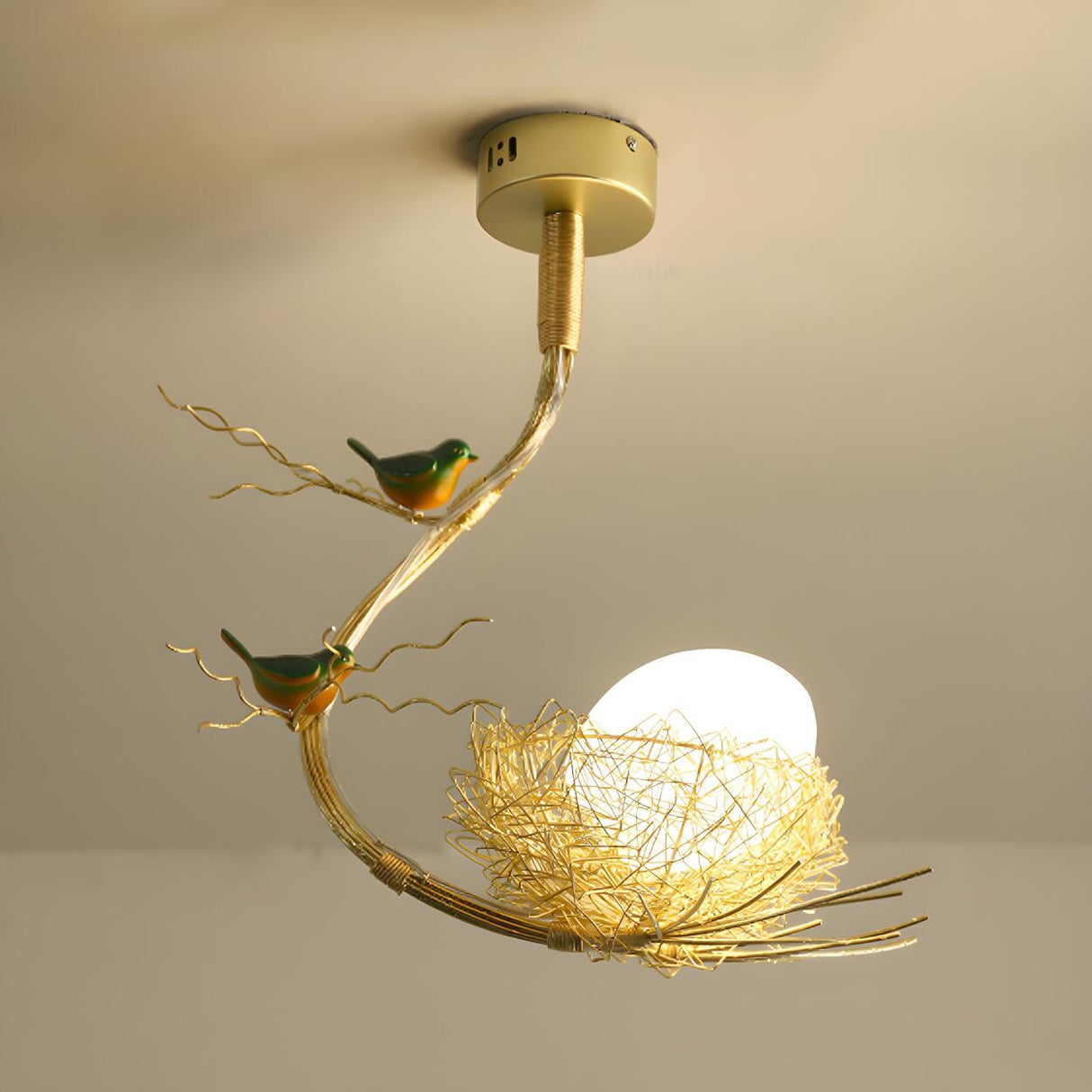 Modern Golden Branch Bird Nest White Glass Egg Pendant Light Image - 3