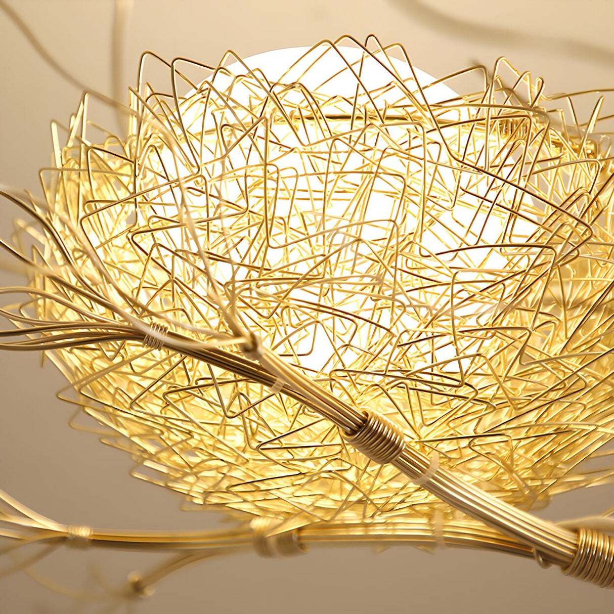Modern Golden Branch Bird Nest White Glass Egg Pendant Light Image - 5