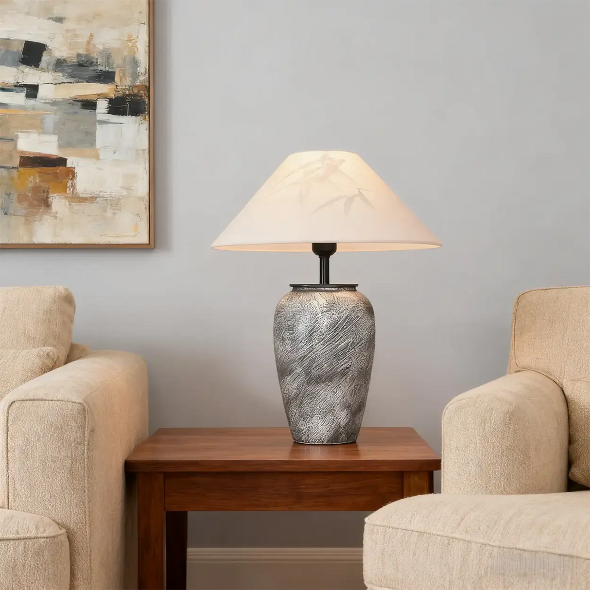 Modern Gray Ceramic Table Lamp with Cone Fabric Shade Image - 2