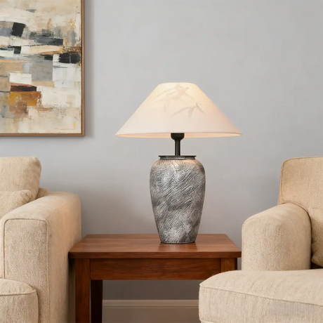 Modern Gray Ceramic Table Lamp with Cone Fabric Shade Image - 2