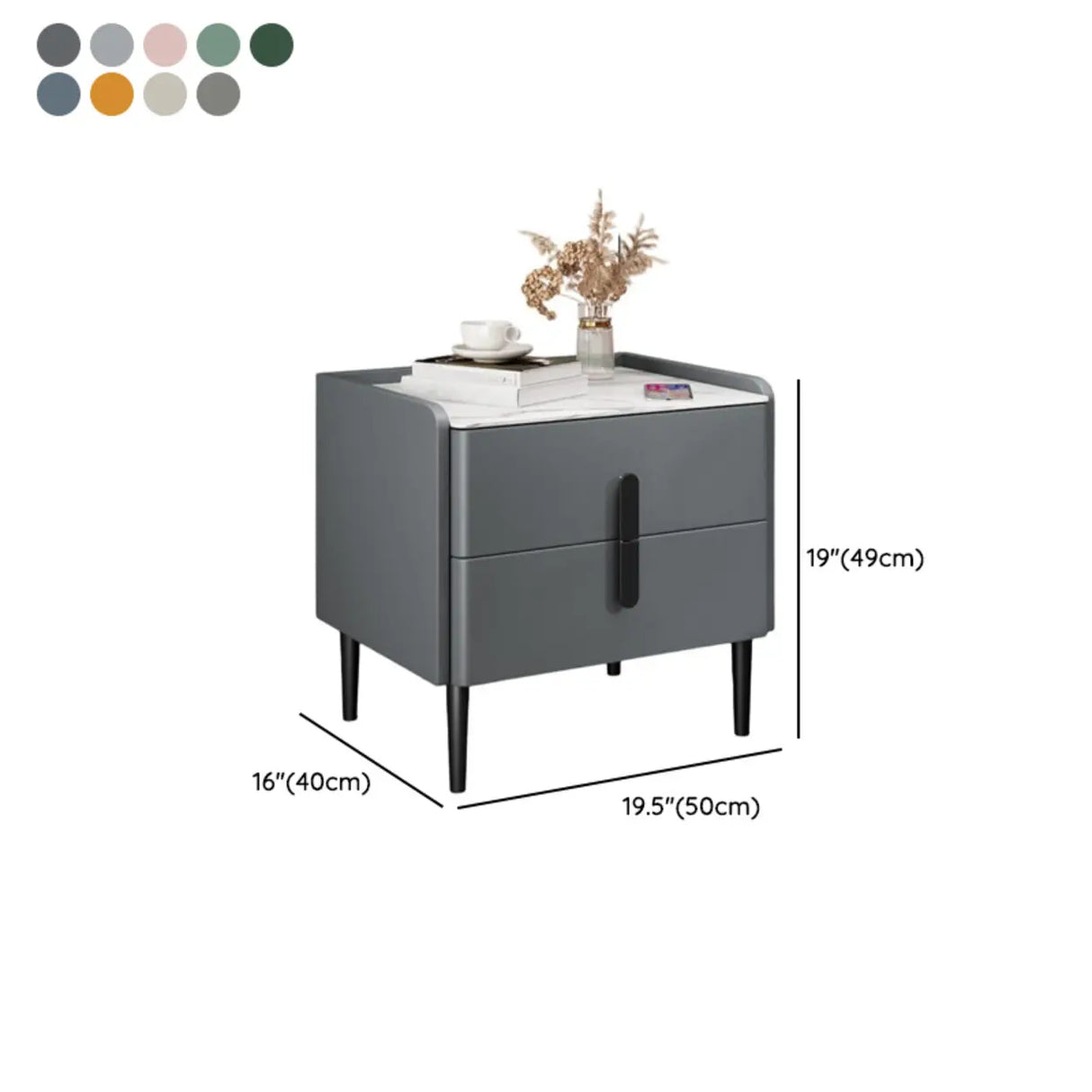 Modern Gray Nightstand with Marble Top and Storage Drawers 