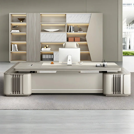 Modern Gray Wood Sled L-Shape Office Executive Desk Image - 1