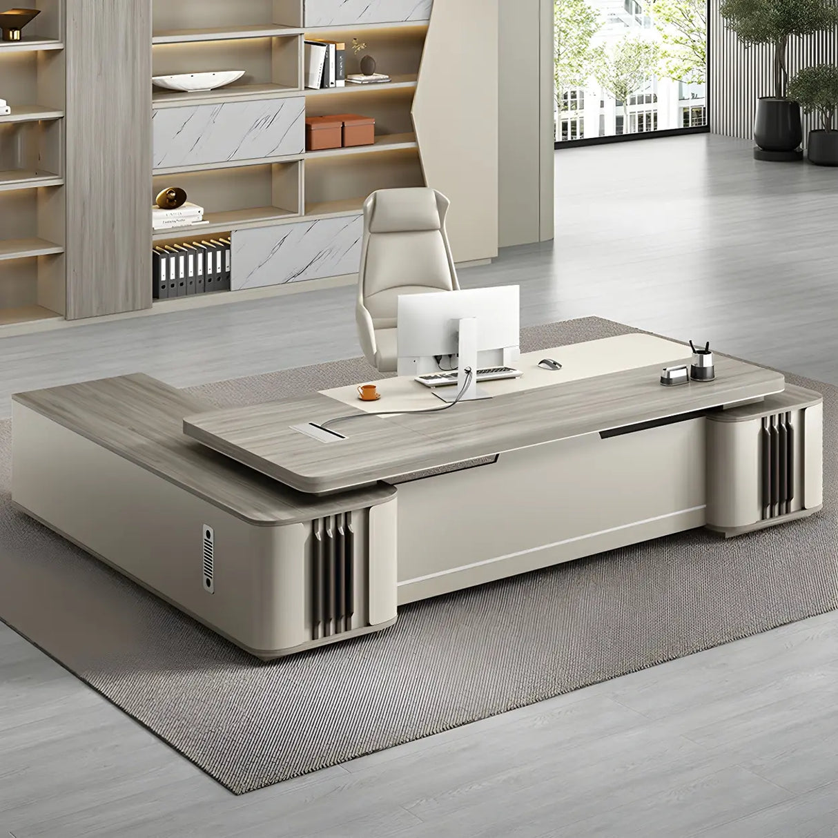 Modern Gray Wood Sled L-Shape Office Executive Desk Image - 3