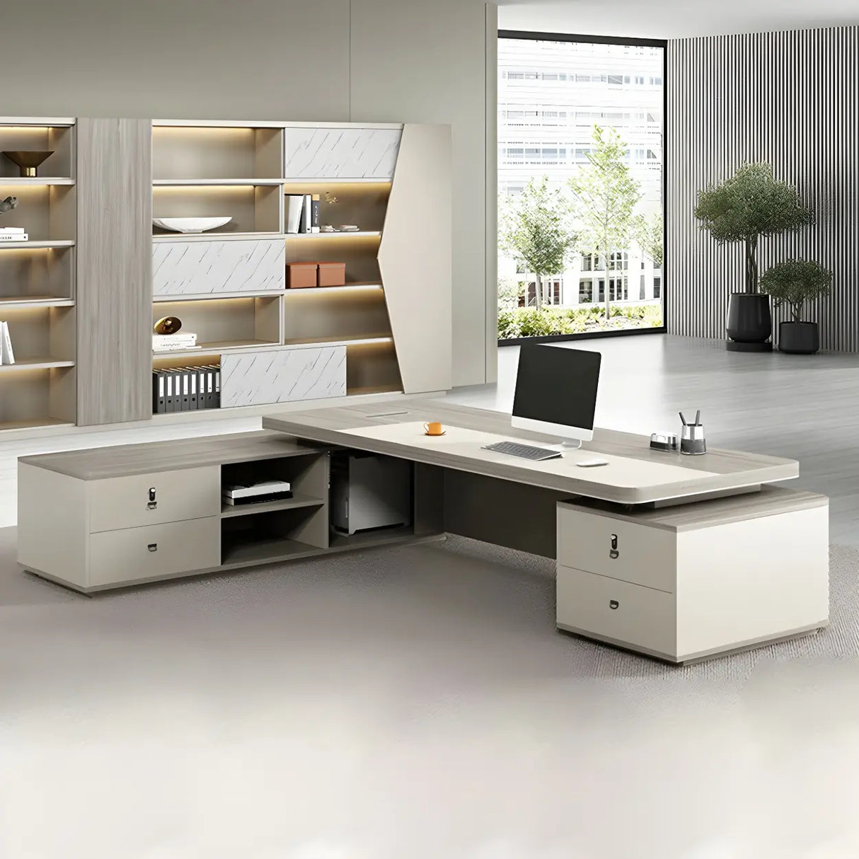 Modern Gray Wood Sled L-Shape Office Executive Desk Image - 4