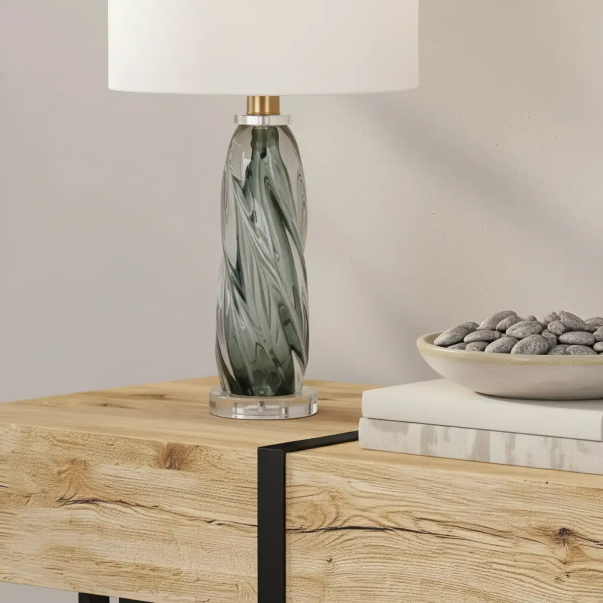 Modern Green Twisted Glass Cylindrical Fabric Shade Table Lamp Image - 3