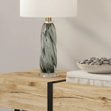 Modern Green Twisted Glass Cylindrical Fabric Shade Table Lamp Image - 3