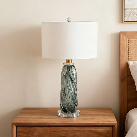 Modern Green Twisted Glass Cylindrical Fabric Shade Table Lamp Image - 5