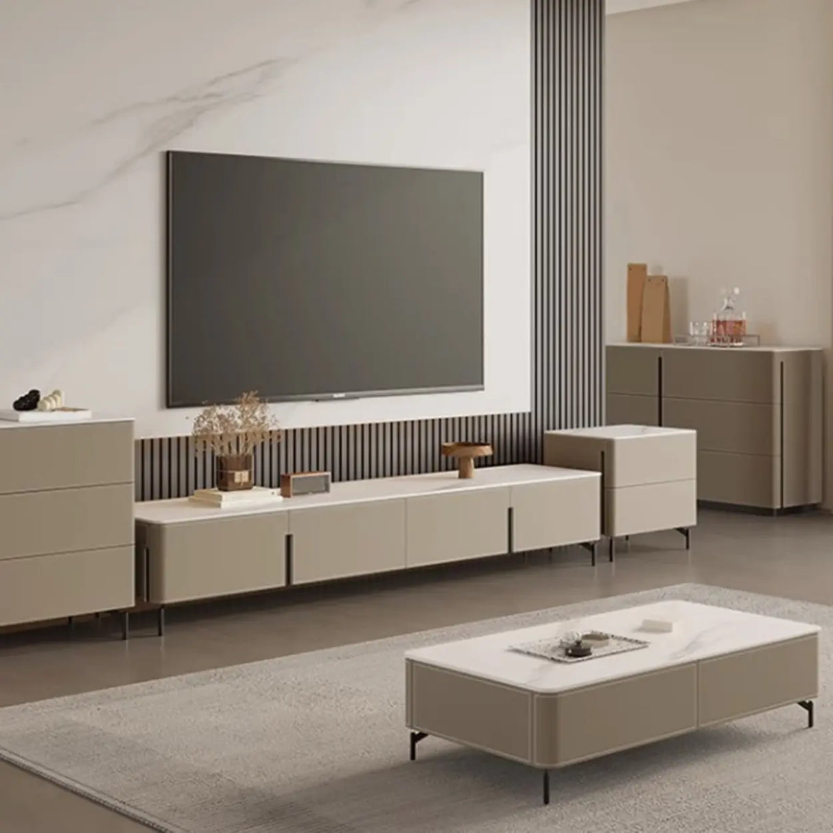 Modern Grey Stone Drawers Long TV Stand with Legs Image - 1