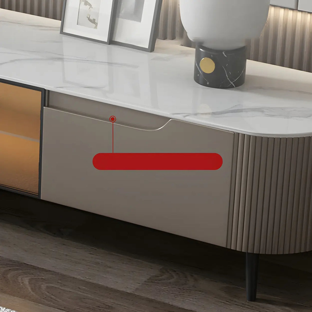Modern Grey Stone Drawers Shelves Long Length TV Stand Image - 6